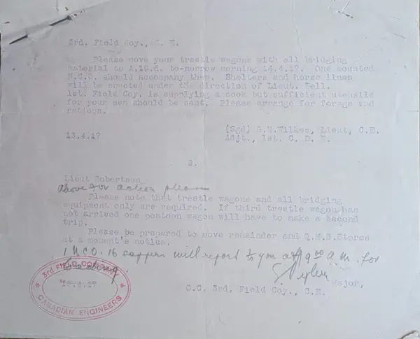 Order of 13 April 1917 from the Divisional Engineers, with Major Pepler's note to Robertson