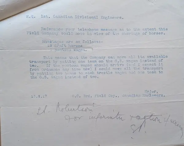 Pepler's reply to headquarters about the horse shortage, forwarded to Robertson