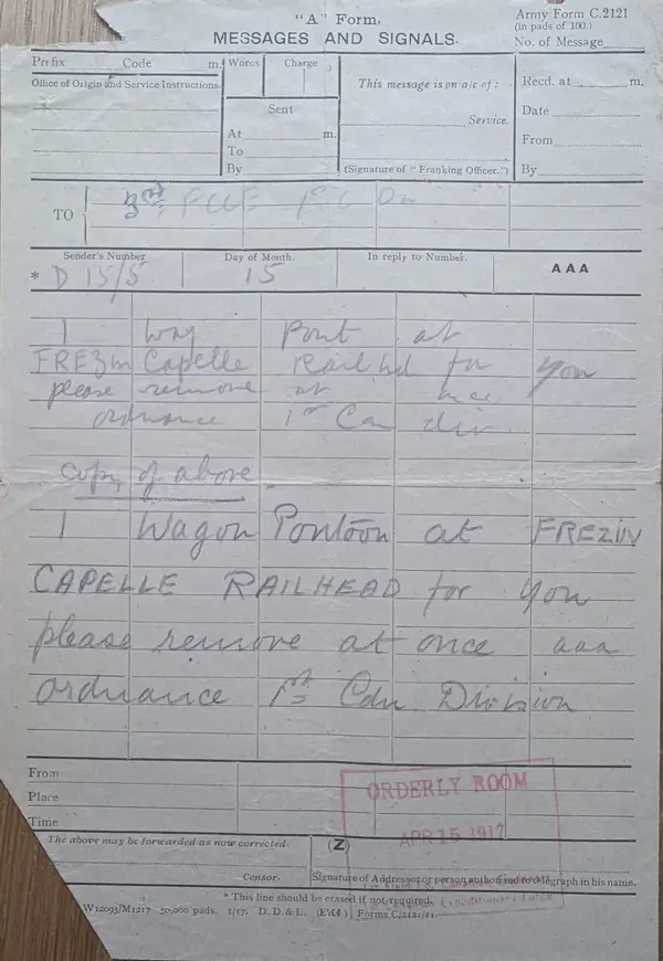 Message form, 15 April 1917: pontoon wagon at Frévin-Capelle railhead
