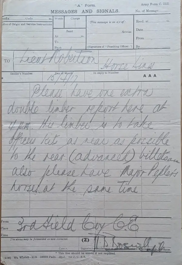 Message form from Boswell, 15 April 1917