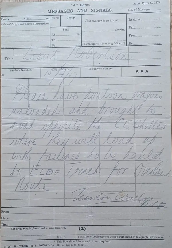 Message form from Lieut. Newton Wallace, 15 April 1917