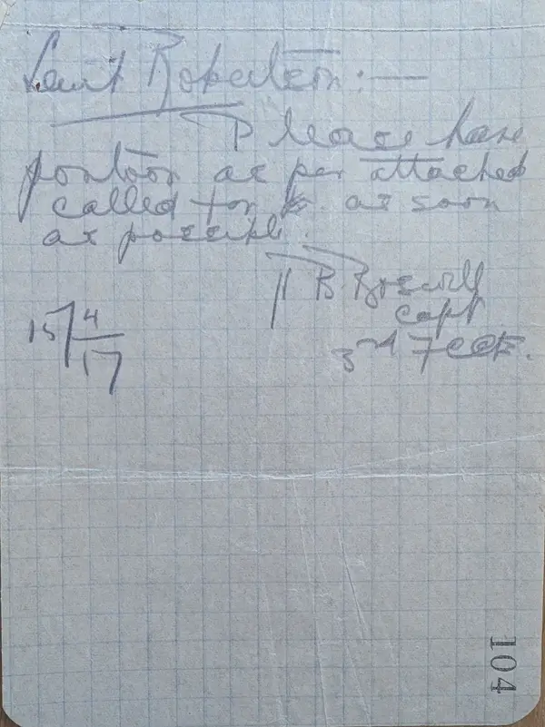 Pencil note from Capt. Boswell to Robertson, 15 April 1917: have the pontoon called for
