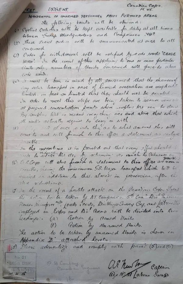 SECRET order, Canadian Corps M.45, Withdrawal of Unarmed Personnel from Forward Areas