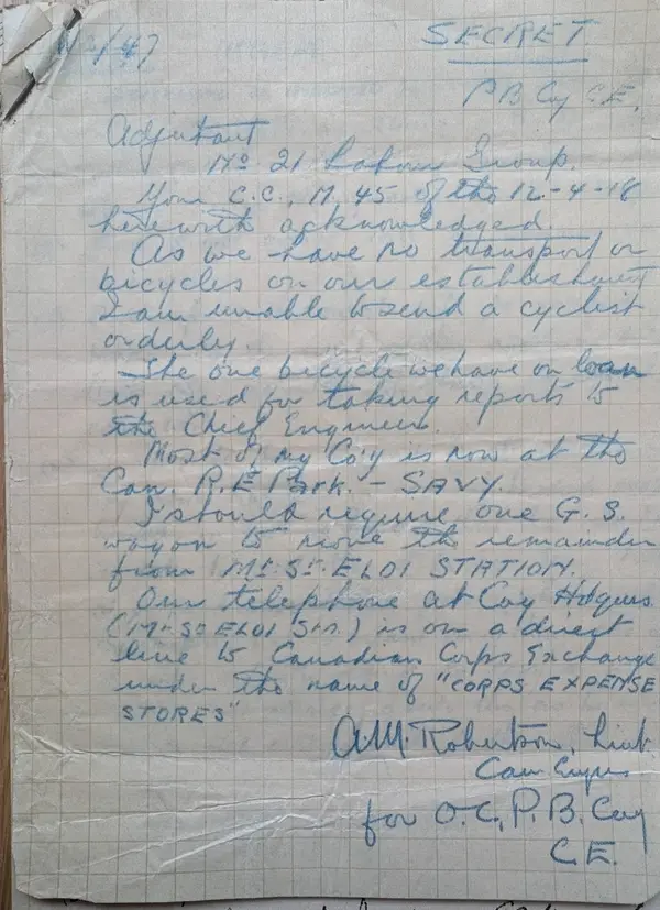 Robertson's handwritten reply, signed for the officer commanding the P.B. Company