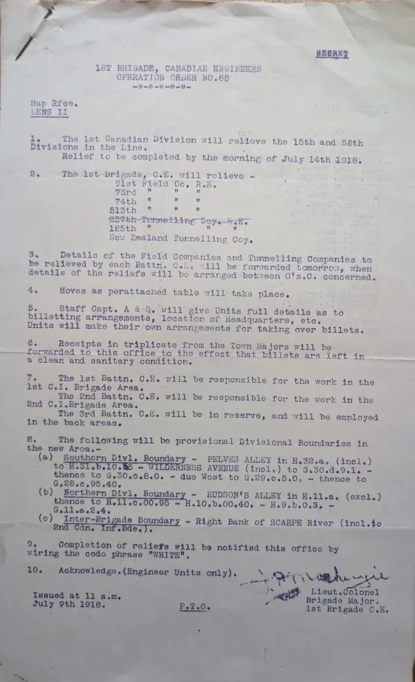 Page one of Operation Order No. 88, marked SECRET, 9 July 1918