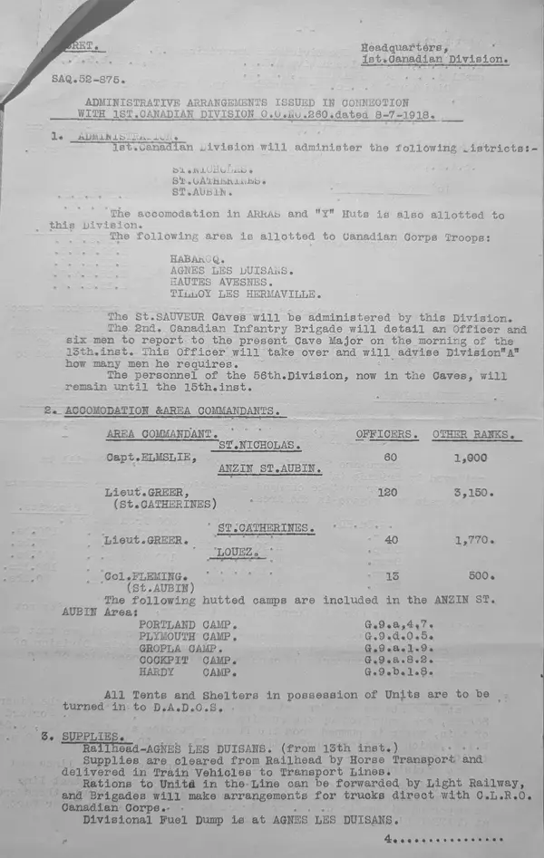 Page one of the 1st Canadian Division administrative arrangements, marked SECRET, 8 July 1918