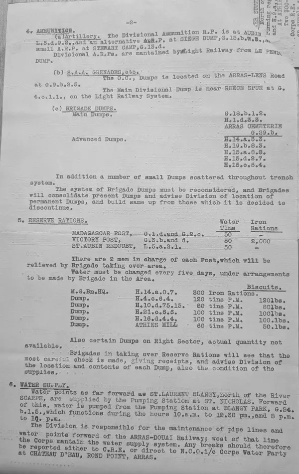 Page two: ammunition, reserve rations, water supply