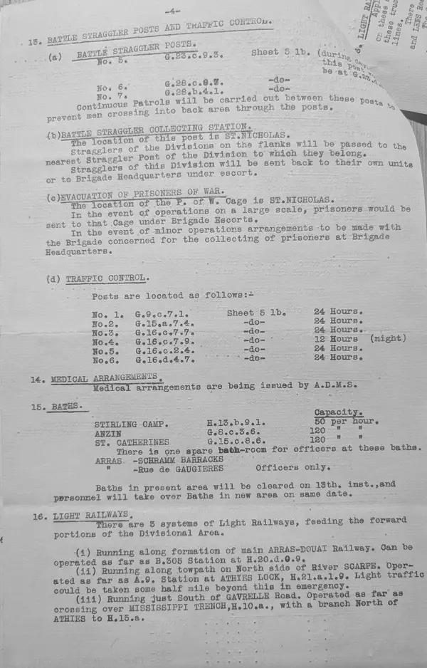 Page four: straggler posts, prisoners of war, traffic control, baths, light railways