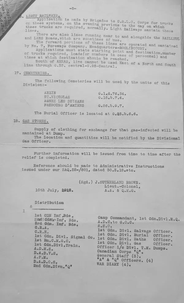 Page five: light railways, cemeteries, gas stores, signed J. Sutherland Brown