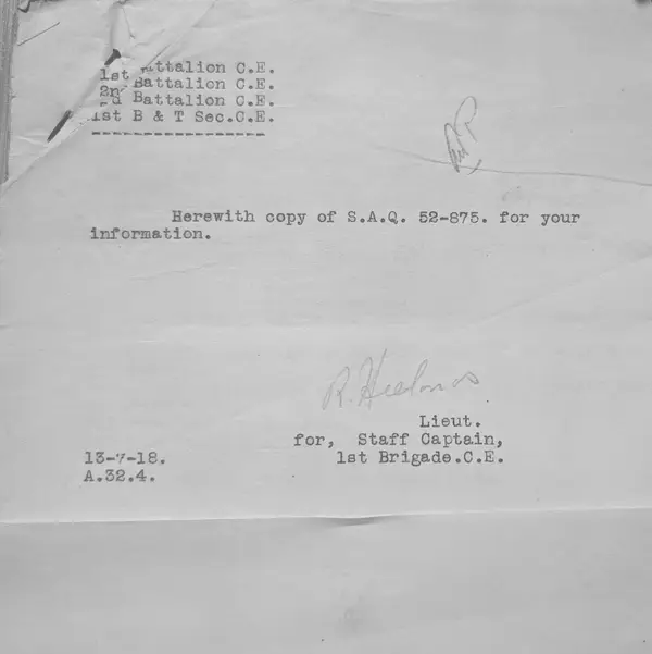 The 1st Brigade Canadian Engineers covering note, 13 July 1918