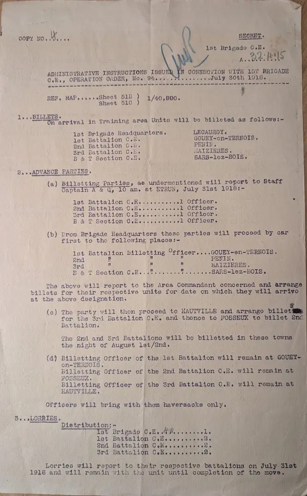 SECRET administrative instructions, 1st Brigade C.E., 30 July 1918: billets and advance parties