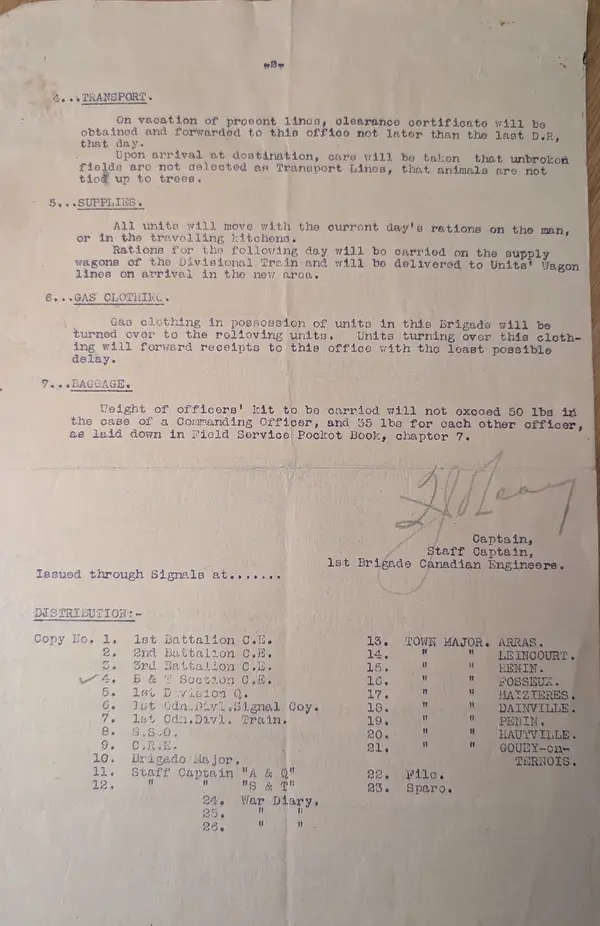Page two: transport, supplies, baggage, and the 26-copy distribution list