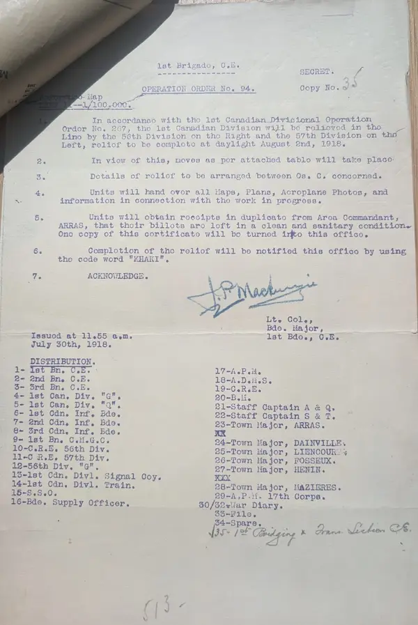 Operation Order No. 94 itself, 1st Brigade C.E., 30 July 1918: the relief and the code word “KHAKI”