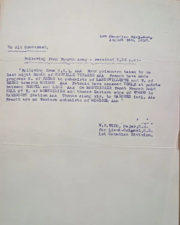 1st Canadian Division situation summary for 8 August 1918, relaying a G.H.Q. report through Fourth Army