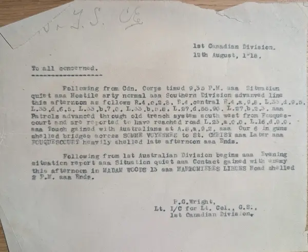 1st Canadian Division situation summary for 12 August 1918, with Robertson's pencil filing mark “1st B.T.S. C.E.” across the top