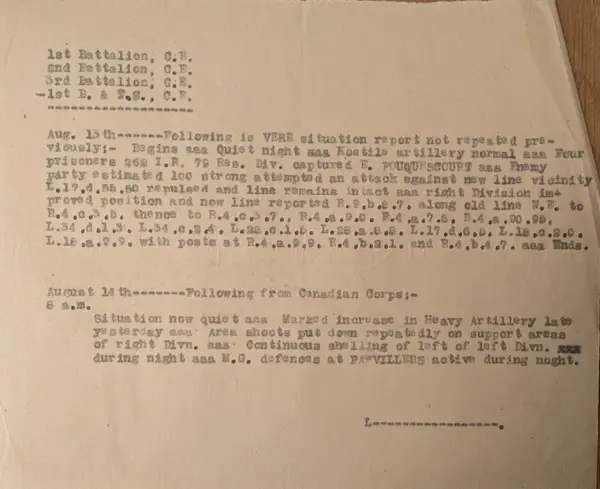 Typed situation report for 13 and 14 August 1918, distributed to the 1st, 2nd and 3rd Battalions and the Bridging and Transport Section, Canadian Engineers