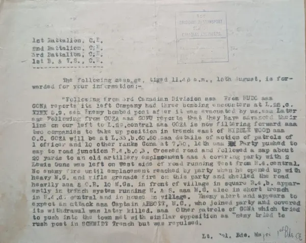 1st Brigade Canadian Engineers forwarding a 15 August 1918 divisional message, stamped with the 1st Bridging and Transport Section registry stamp