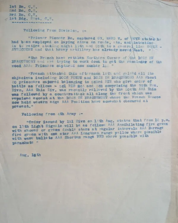 Situation summary distributed to the four Canadian Engineer units of the 1st Canadian Division, 16 August 1918