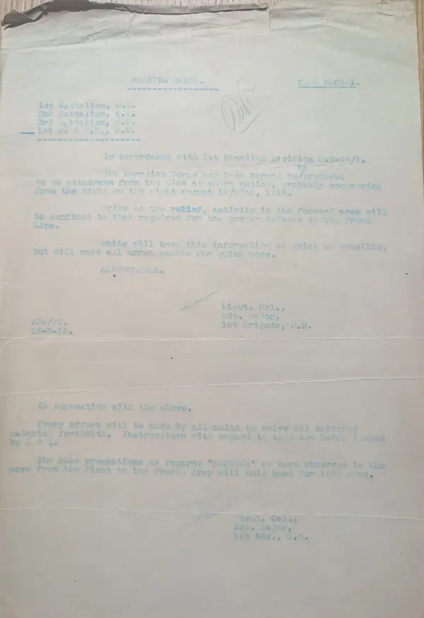 Very Secret warning order, 1st Brigade Canadian Engineers, 18 August 1918, warning the Canadian Corps to prepare to withdraw from the line