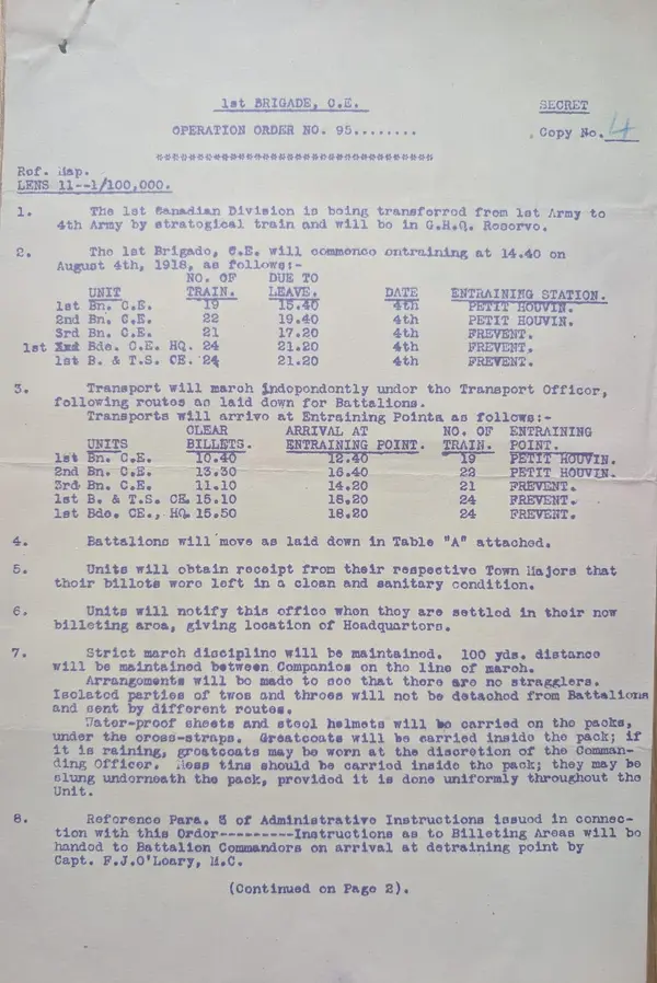 Operation Order No. 95, 1st Brigade C.E., 2 August 1918: the entraining order