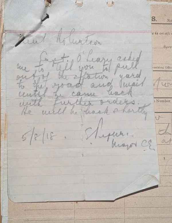 Pencil note addressed to “Lieut. Robertson”, 5 August 1918: pull out of the station yard and wait