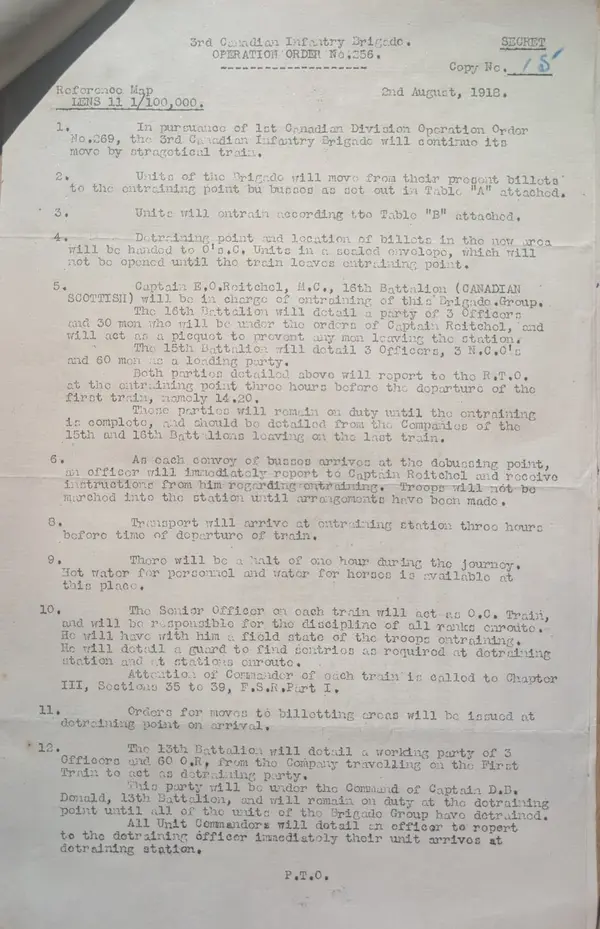 Operation Order No. 256, 3rd Canadian Infantry Brigade, 2 August 1918: Robertson's unit's copy, No. 15
