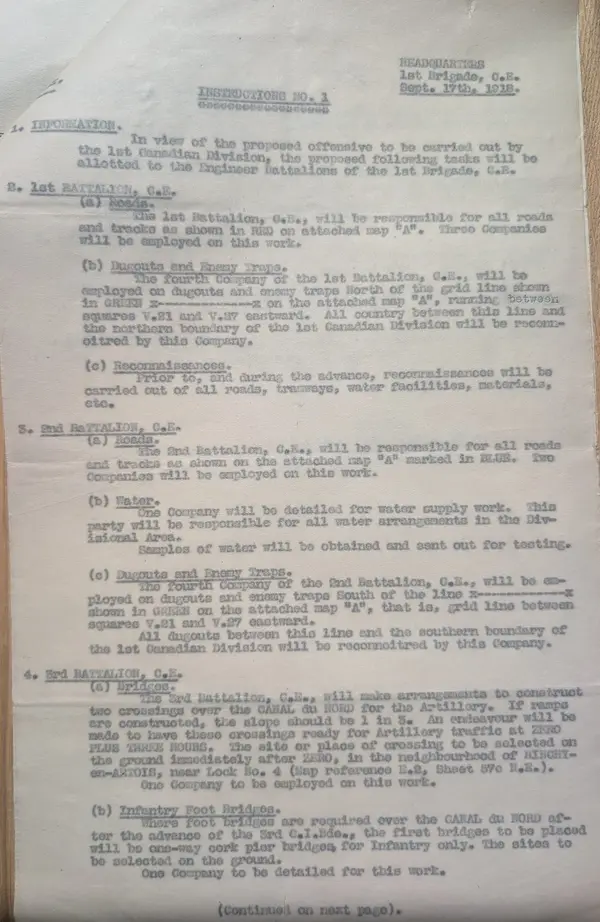First page of “Instructions No. 1,” 1st Brigade Canadian Engineers, 17 September 1918: the preliminary engineer tasking for the proposed 1st Canadian Division offensive