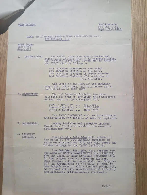 First page of “Canal du Nord and Bourlon Wood Instructions No. 1,” 1st Brigade Canadian Engineers, 21 September 1918, marked Very Secret