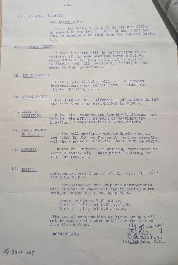 Last page of the 21 September 1918 instruction, listing three extra heavy and pontoon bridges to be prepared across the canal, signed by the acting Brigade Major
