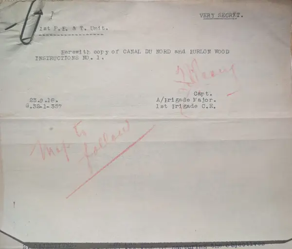 Covering note of 23 September 1918 from 1st Brigade Canadian Engineers to the 1st Bridging and Transport Unit, forwarding a copy of the Canal du Nord and Bourlon Wood Instructions No. 1, with “Map to follow” written across it in red crayon