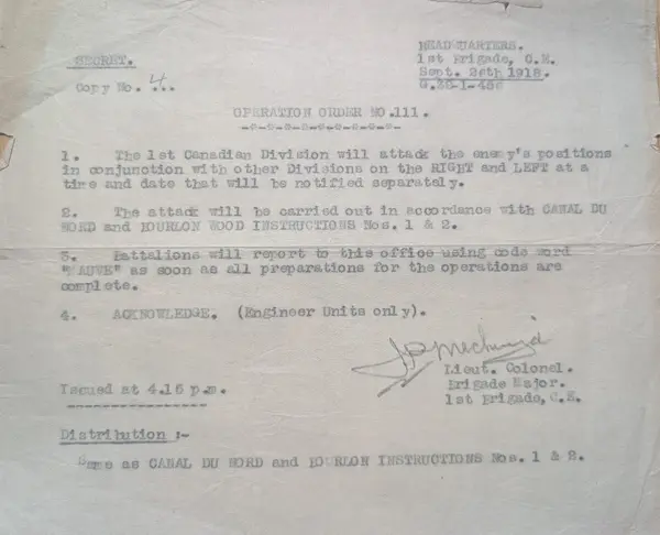 Operation Order No. 111, 1st Brigade Canadian Engineers, 26 September 1918, issued at 4.15 p.m.: a four-paragraph order for the attack, carrying the code word “Mauve” for reporting readiness