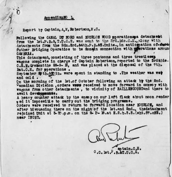 Appendix No. 1 to the 1st Pontoon Bridging and Transport Unit's war diary for October 1918: Captain A. M. Robertson's signed typescript report on his detachment's part in the Canal du Nord and Bourlon Wood operations