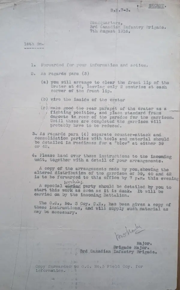 SECRET typed instruction from 3rd Canadian Infantry Brigade headquarters, 7 August 1916, on holding the crater at 42