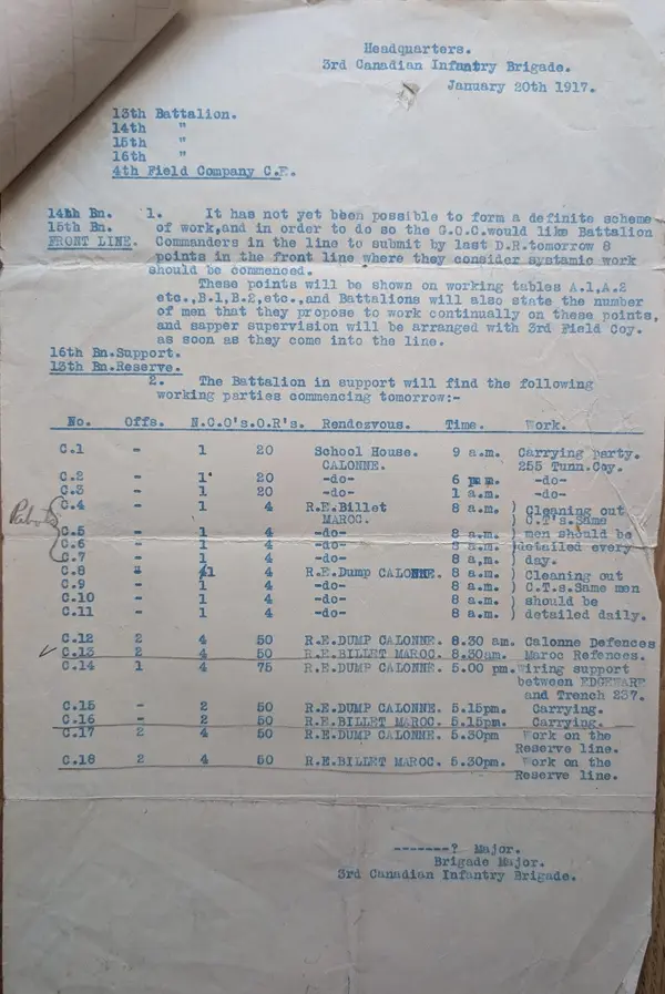 Typed 3rd Canadian Infantry Brigade working-party schedule, 20 January 1917, listing eighteen parties