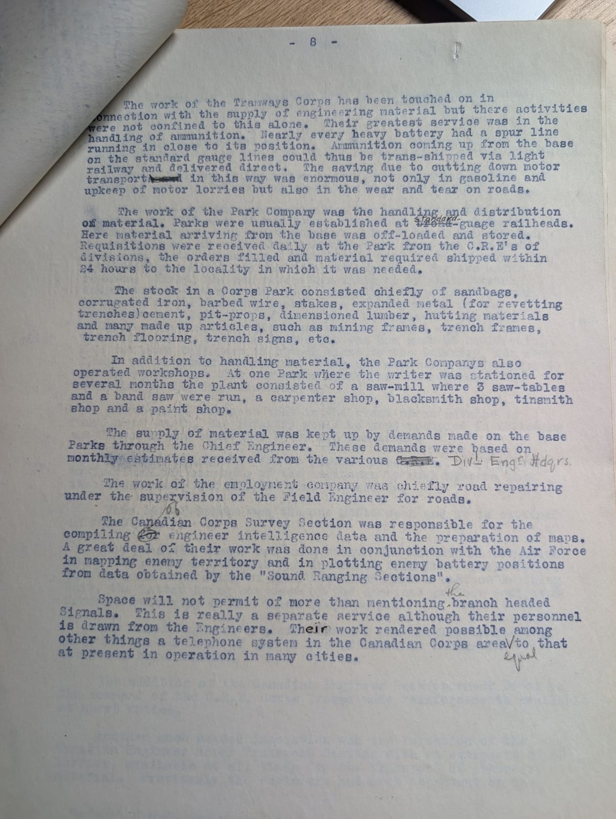 Page 8, Corps Troops: tramways, parks, the Survey Section, the Signals