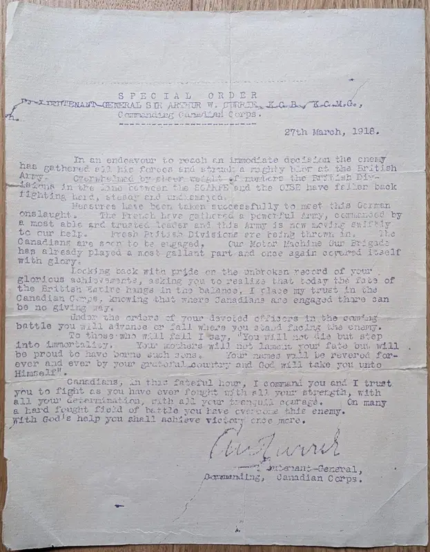 Special Order, March 27, 1918, signed by Lt.-Gen. Sir Arthur Currie
