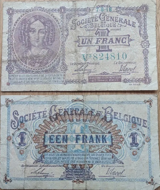 Two Société Générale de Belgique one-franc notes, German occupation issue