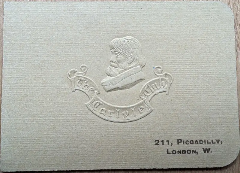 Blind-embossed card, profile bust of Thomas Carlyle, "The Carlyle Club, 211 Piccadilly, London W."