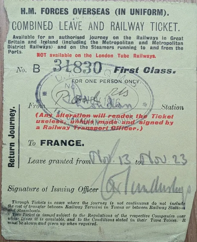 H.M. Forces Overseas combined leave and railway ticket, first class, to France, leave 13 to 23 November 1916