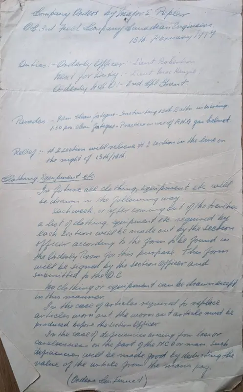 3rd Field Company Canadian Engineers company orders, 13 February 1917, in Major Pepler's hand
