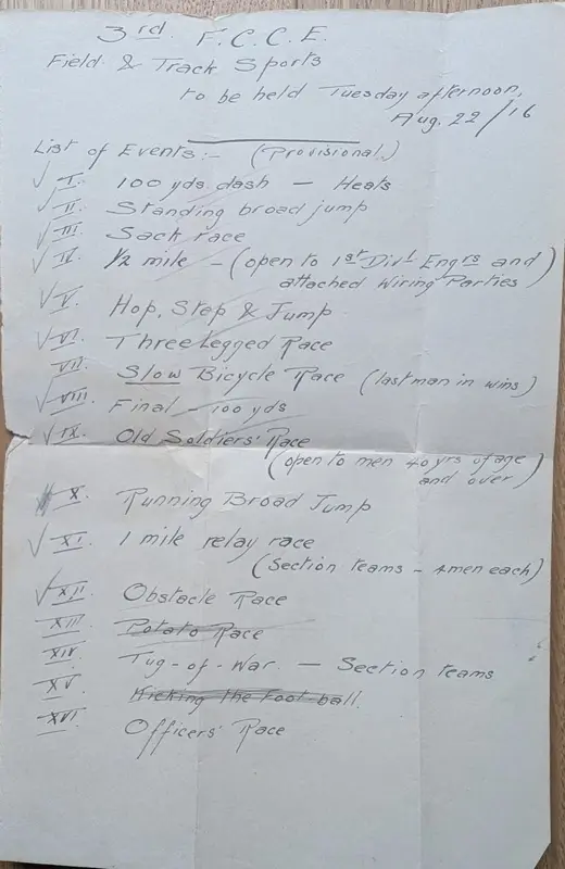 Handwritten list of sixteen events for the 3rd Field Company field and track sports, 22 August 1916