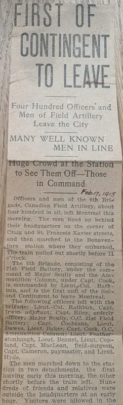Newspaper clipping, 'First of Contingent to Leave', February 17, 1915: headline and first column