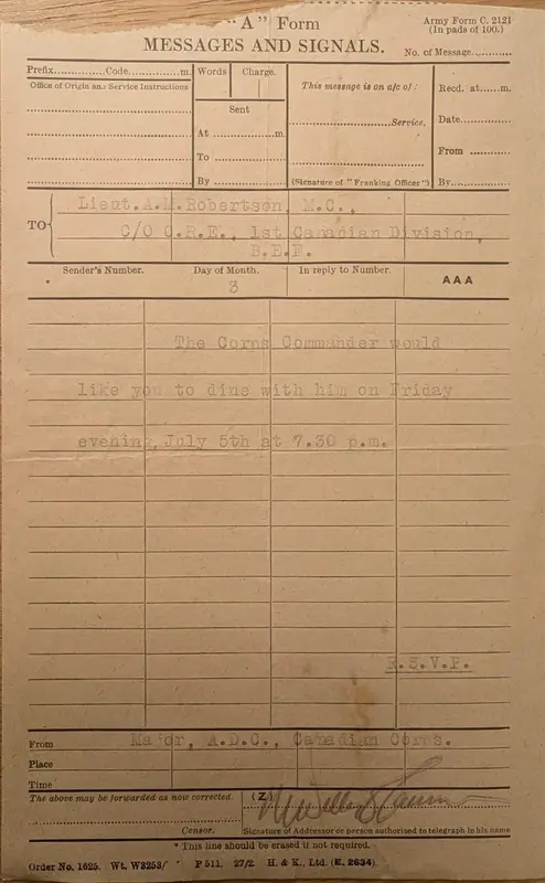 Army Form C.2121 message to Lt A. M. Robertson, M.C., 3 July 1918: the Corps Commander would like him to dine on Friday July 5th