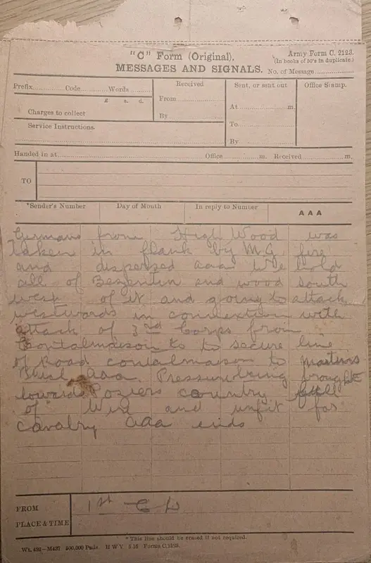 Handwritten situation report describing fighting around High Wood, Bazentin and Pozières