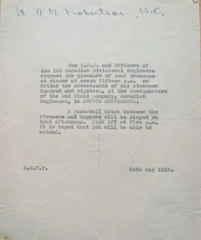 Typed invitation from the C.R.E. and officers of the 1st Canadian Divisional Engineers to dinner at Houvin-Houvigneul on 17 May 1918, with Robertson's name written across the top