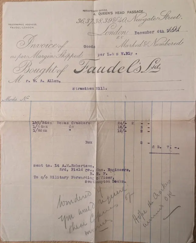 Faudel's Ltd invoice to Mr W. A. Allen, 4 December 1916, for boxes of crackers sent to Lieut A. M. Robertson