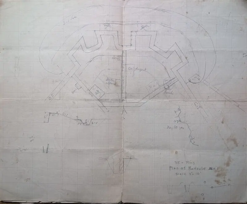 Hand-drawn plan of a redoubt on graph paper, scale one inch to ten feet