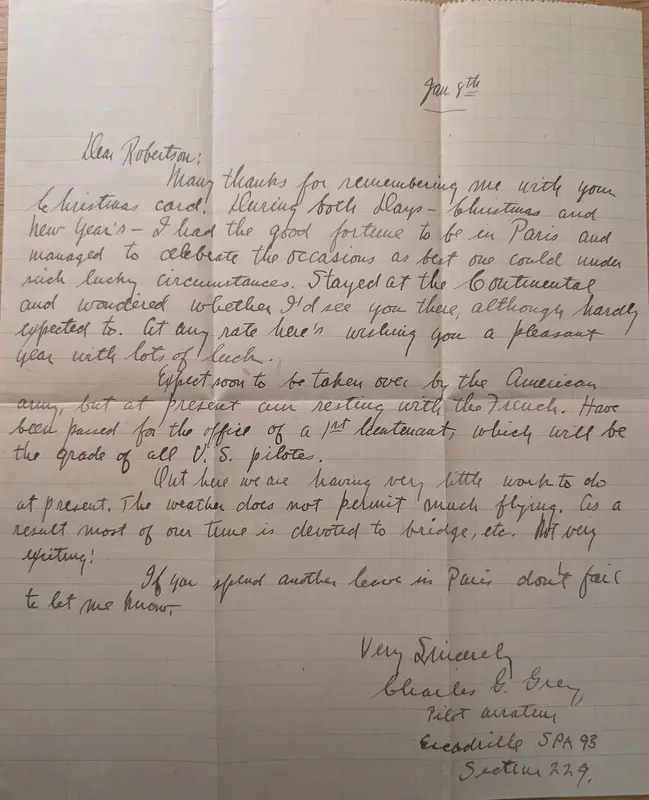 Letter to Robertson from Charles G. Grey, Escadrille SPA 93, 8 January 1918