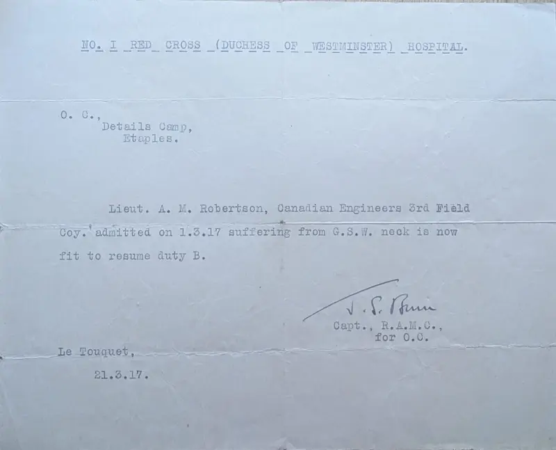 Discharge note from the Duchess of Westminster Hospital, Le Touquet, 21 March 1917