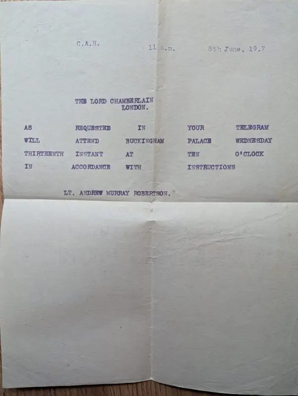 Typed office copy of a telegram to the Lord Chamberlain, 8 June 1917, confirming attendance at Buckingham Palace on the 13th